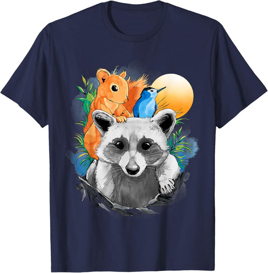 Raccoon Squirrel Animal Print Bird Design Animals T-Shirt - T-Shirt | Navy