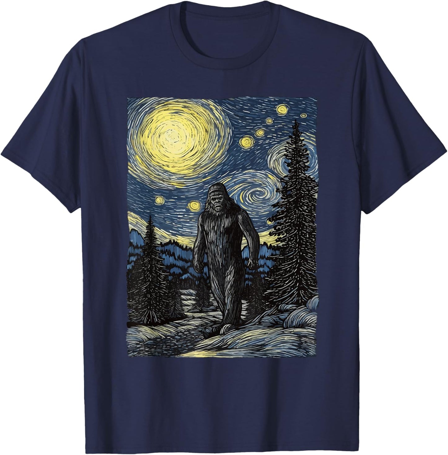 Bigfoot Starry Night Sasquatch Van Gogh Painting Art T-Shirt - T-Shirt | Navy
