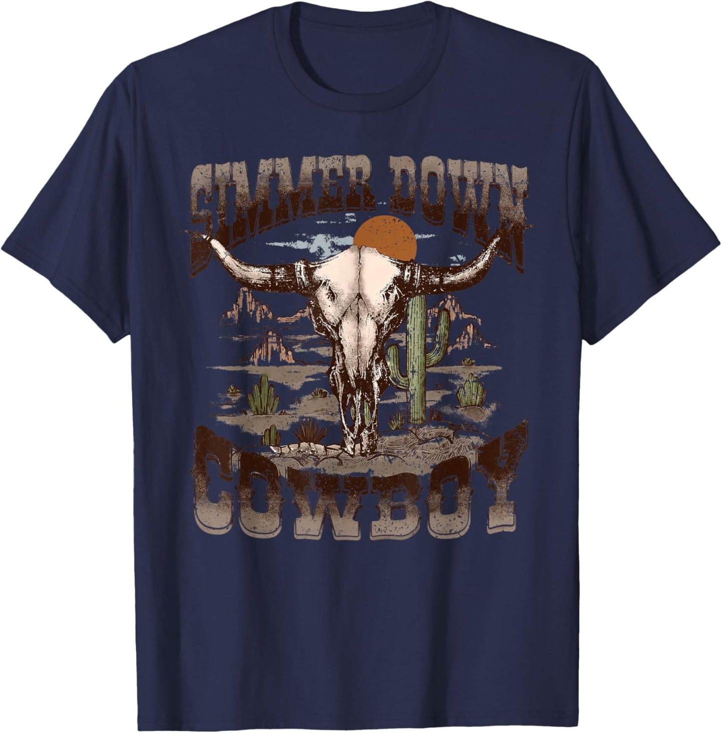 Vintage Simmer Down Cowboy Bull Skull Western Graphic T-Shirt - T-Shirt | Navy