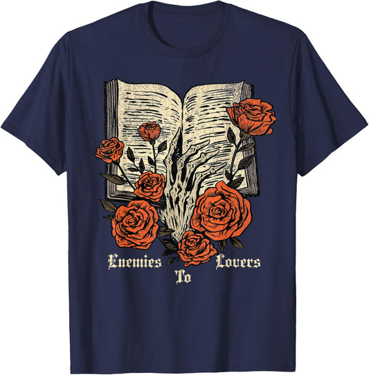 Enemies to Lovers Book Reader Roses Bookish Booktok Retro T-Shirt - T-Shirt | Navy