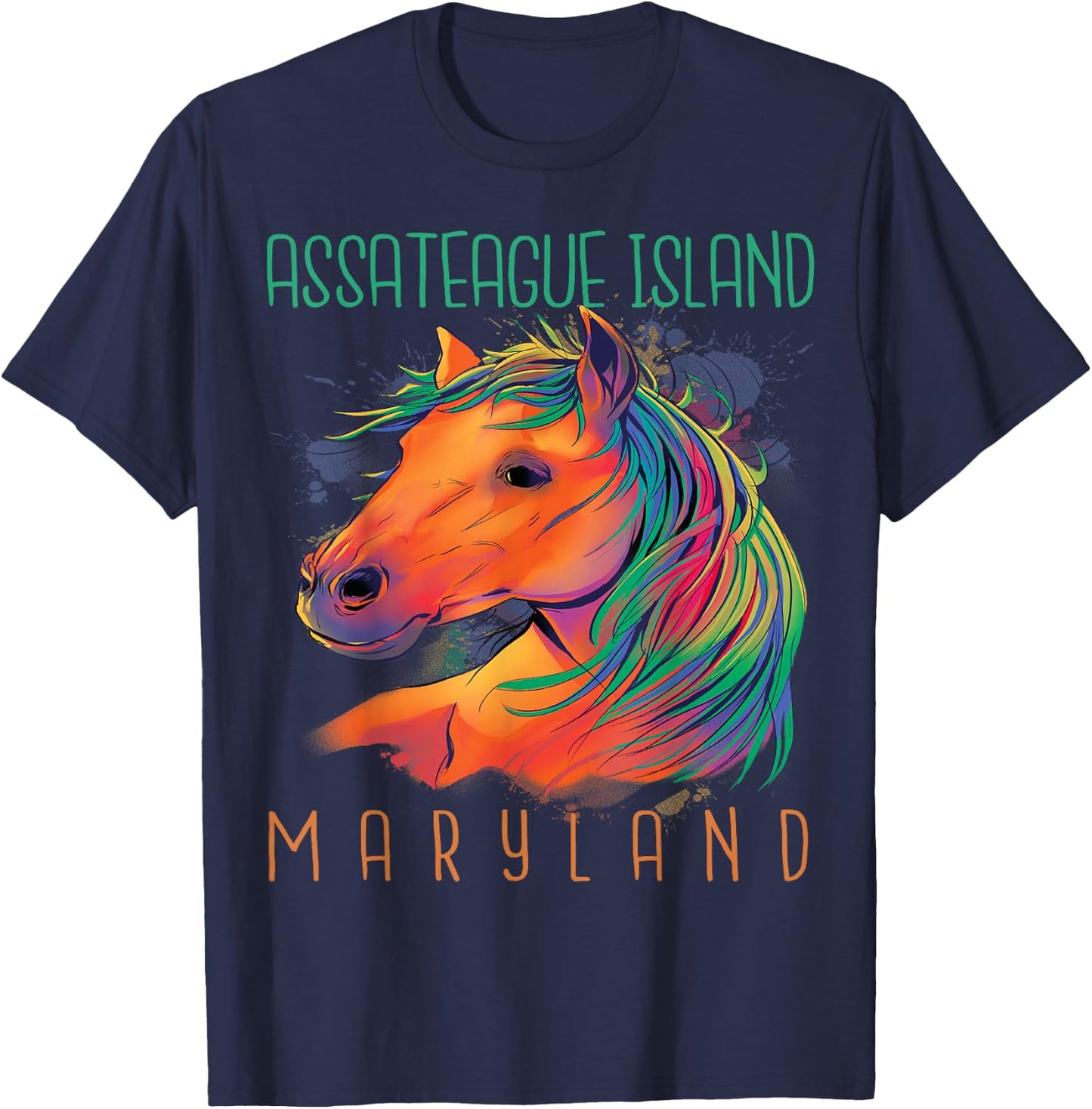 Colorful Horse Assateague Island Maryland Riding Souvenir T-Shirt - T-Shirt | Navy