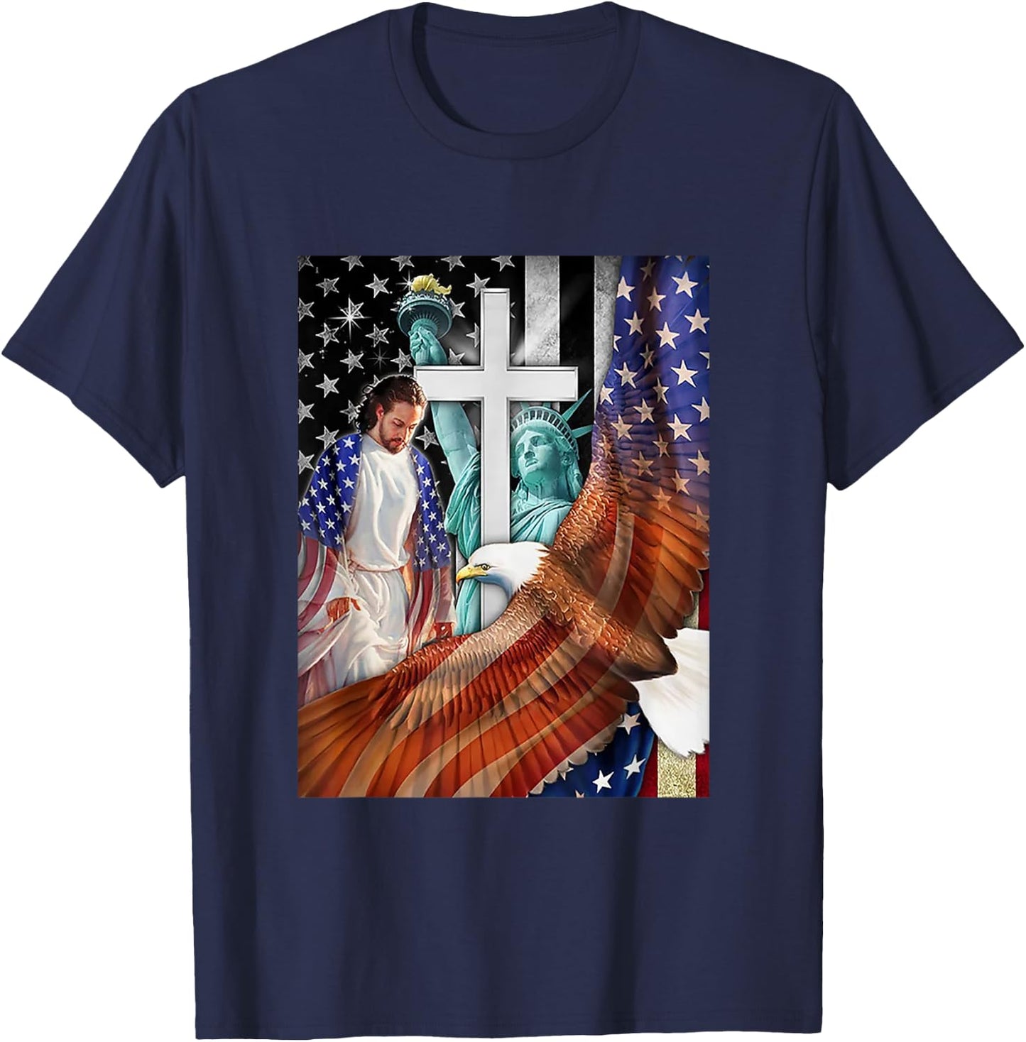 Bald Eagle with Jesus Christ and American Flag Women Kids Men T-Shirt - T-Shirt | Navy
