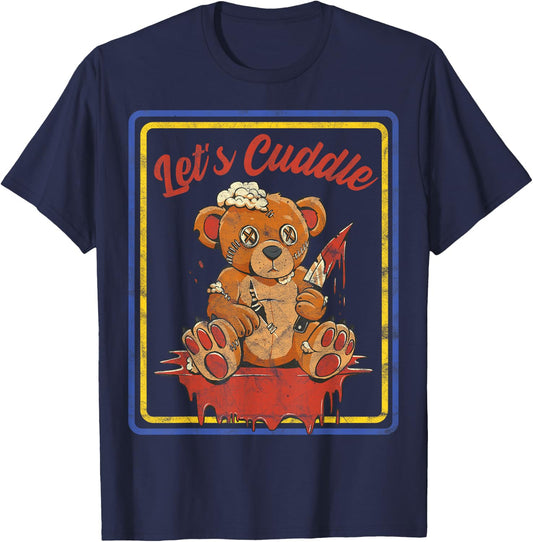 Vintage Horror, Let's Cuddle Scary Teddy Bear Horror T-Shirt - T-Shirt | Navy