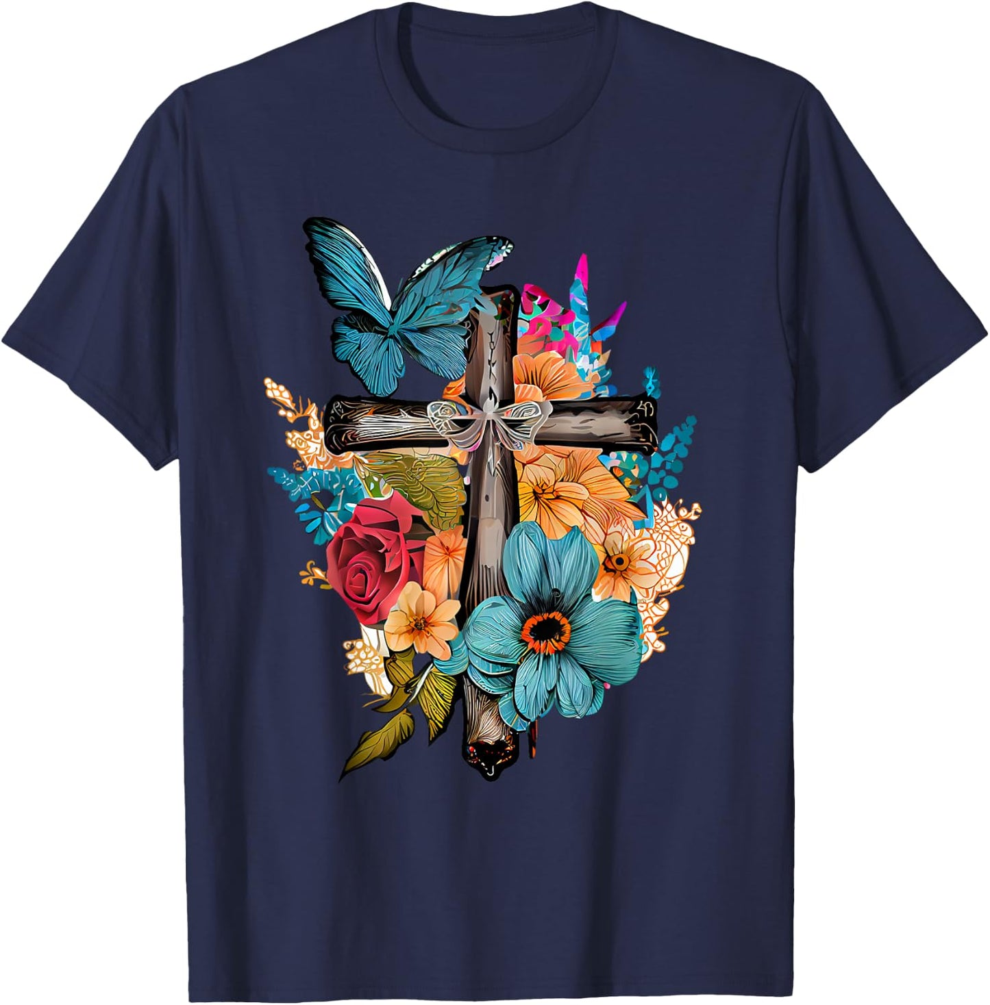 Jesus Cross Butterfly Flower Christian Faith Motivation T-Shirt - T-Shirt | Navy