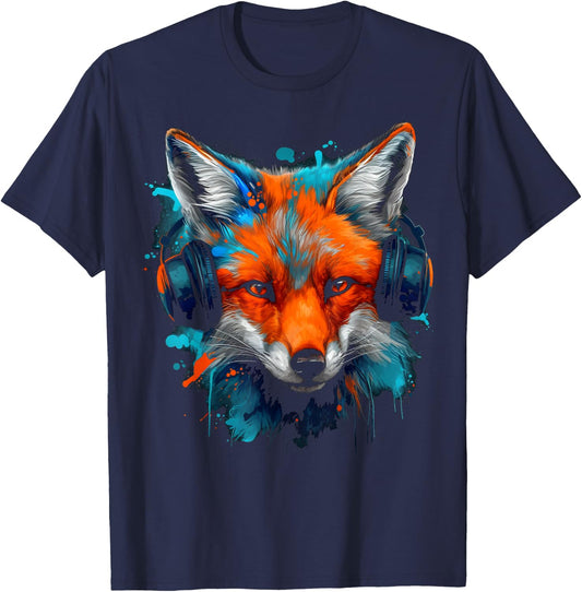 Fox Music Art Headphones Animal Fox T-Shirt - T-Shirt | Navy