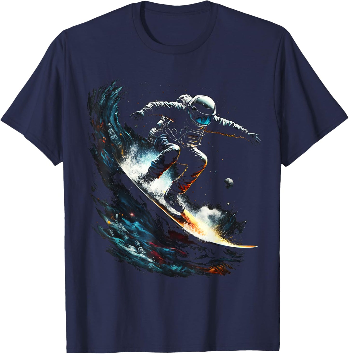 Astronaut surfs space waves, universe galaxy planets sci-fi T-Shirt - T-Shirt | Navy