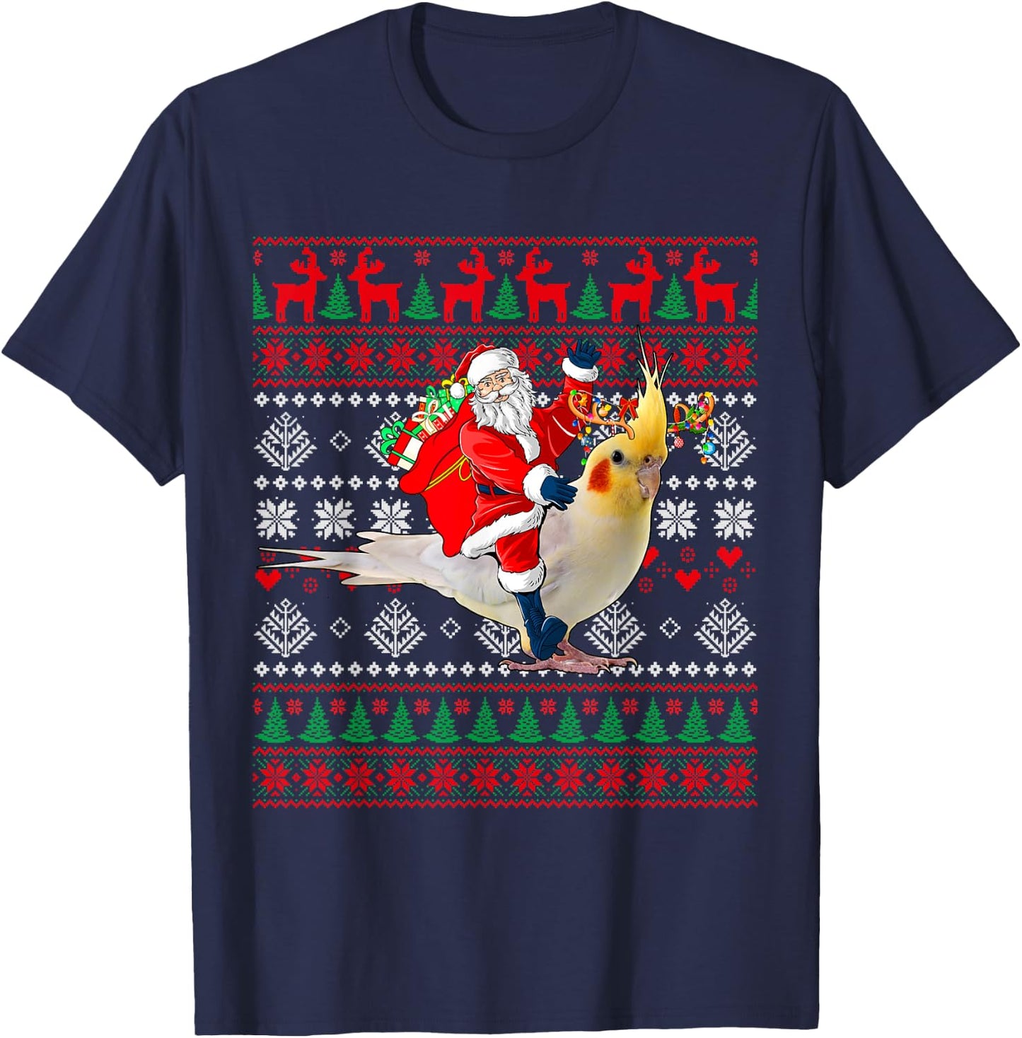 Santa Riding Reindeer Cockatiel Christmas Costume Bird Lover T-Shirt - T-Shirt | Navy