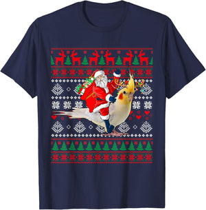 Santa Riding Reindeer Cockatiel Christmas Costume Bird Lover T-Shirt - T-Shirt | Navy