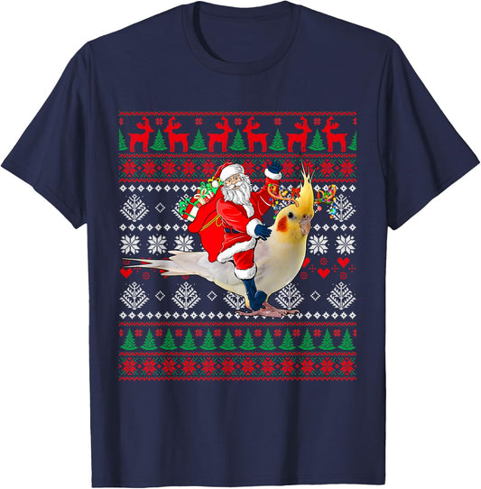 Santa Riding Reindeer Cockatiel Christmas Costume Bird Lover T-Shirt - T-Shirt | Navy