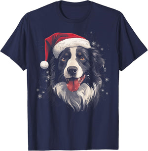 Border Collie Dog Funny Christmas Santa Hat Tree Matching T-Shirt - T-Shirt | Navy
