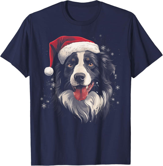 Border Collie Dog Funny Christmas Santa Hat Tree Matching T-Shirt - T-Shirt | Navy