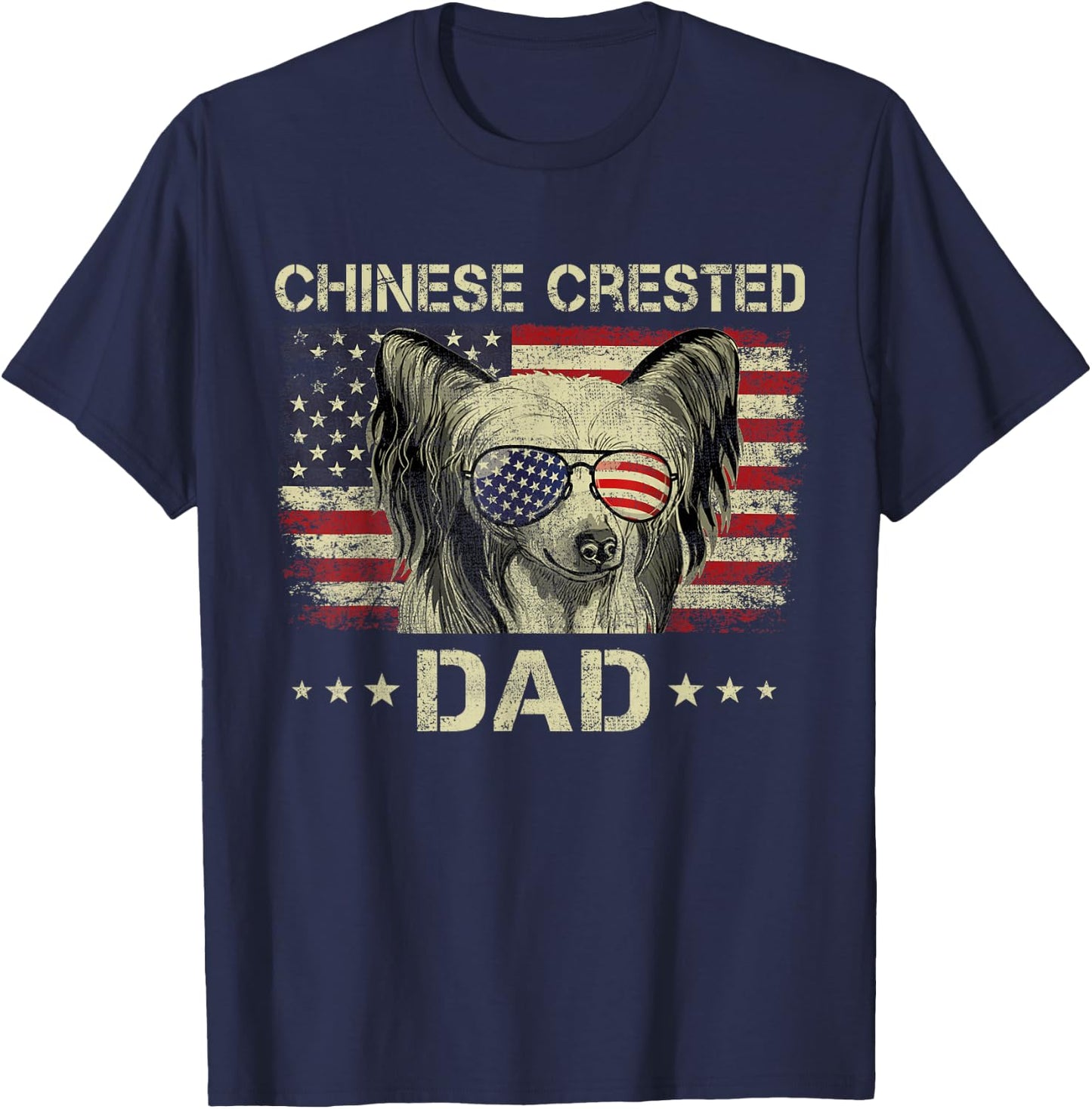 Chinese Crested Dad Dog Lovers American Flag 4th Of July Women Men T-Shirt - T-Shirt | Navy
