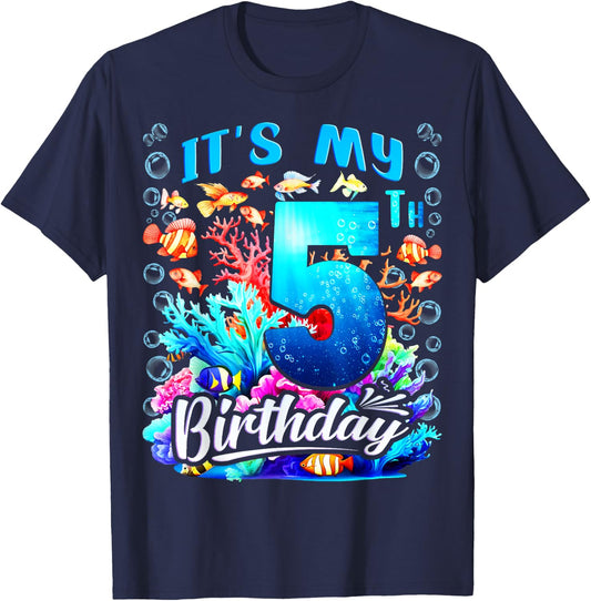 It's My 5th Birthday Boy Sea Fish Ocean Animals Aquarium T-Shirt - T-Shirt | Navy