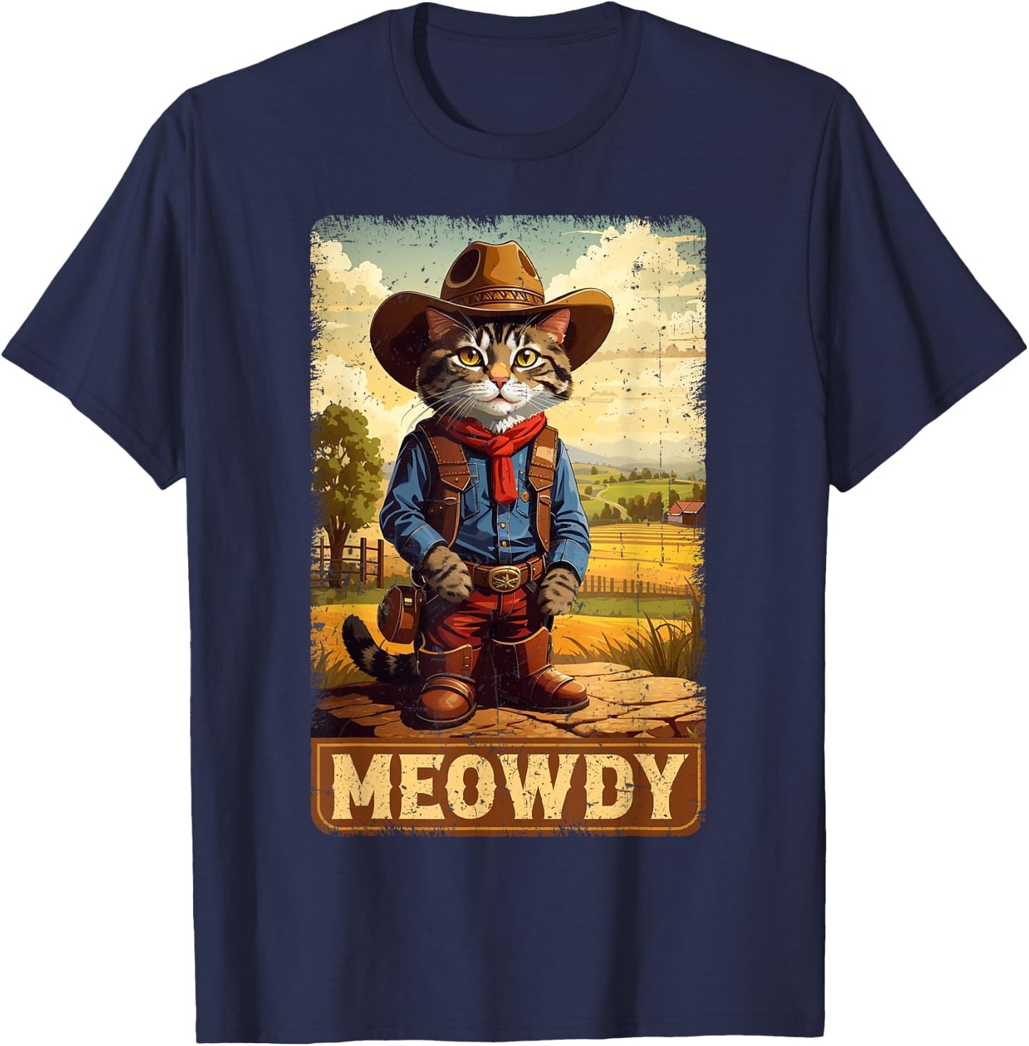 Meowdy Funny Country Side Cat Hat Vintage Cowboy Cat T-Shirt - T-Shirt | Navy