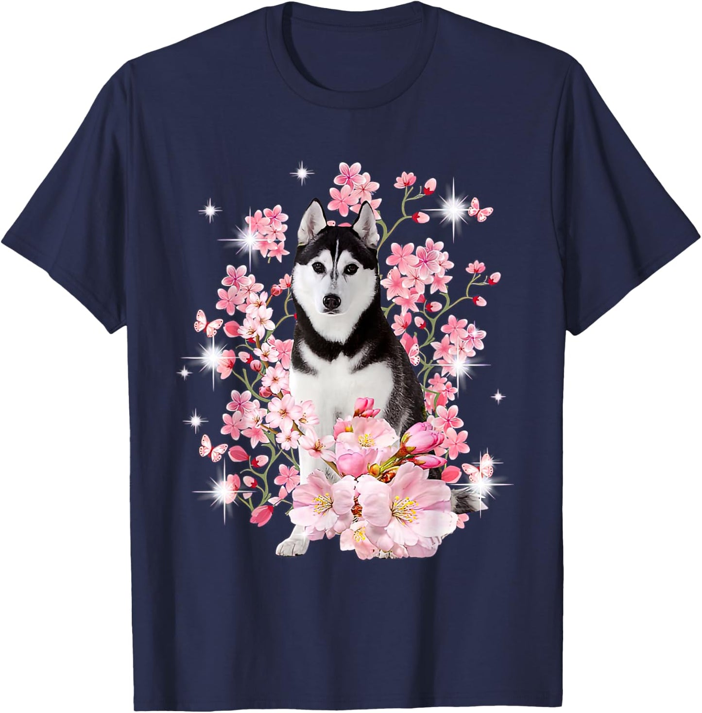 Husky Dog Japanese Cherry Blossom Sakura Flower T-Shirt - T-Shirt | Navy