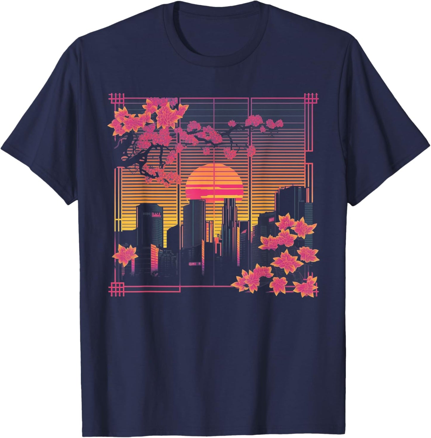 Cherry Blossom Japanese Japan Tokyo Vaporwave Synthwave 80s T-Shirt - T-Shirt | Navy