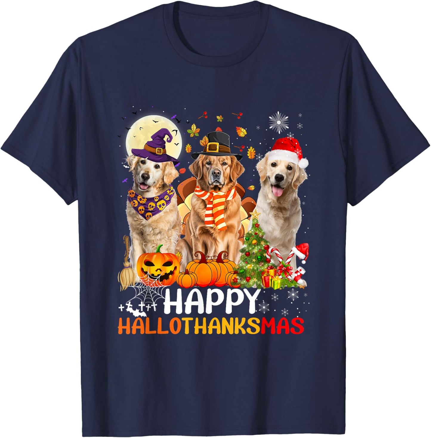 Cute Golden Retriever Happy Hallothanksmas Halloween Xmas T-Shirt - T-Shirt | Navy