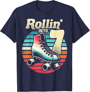 Roller Skating 7th Birthday Party Girls Boys Rollin into 7 T-Shirt - T-Shirt | Navy