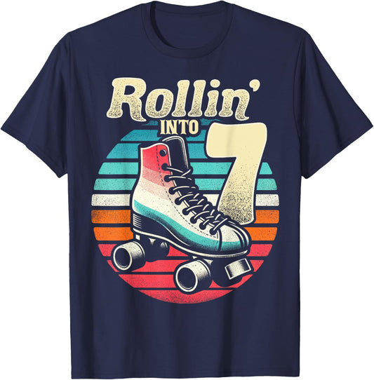 Roller Skating 7th Birthday Party Girls Boys Rollin into 7 T-Shirt - T-Shirt | Navy
