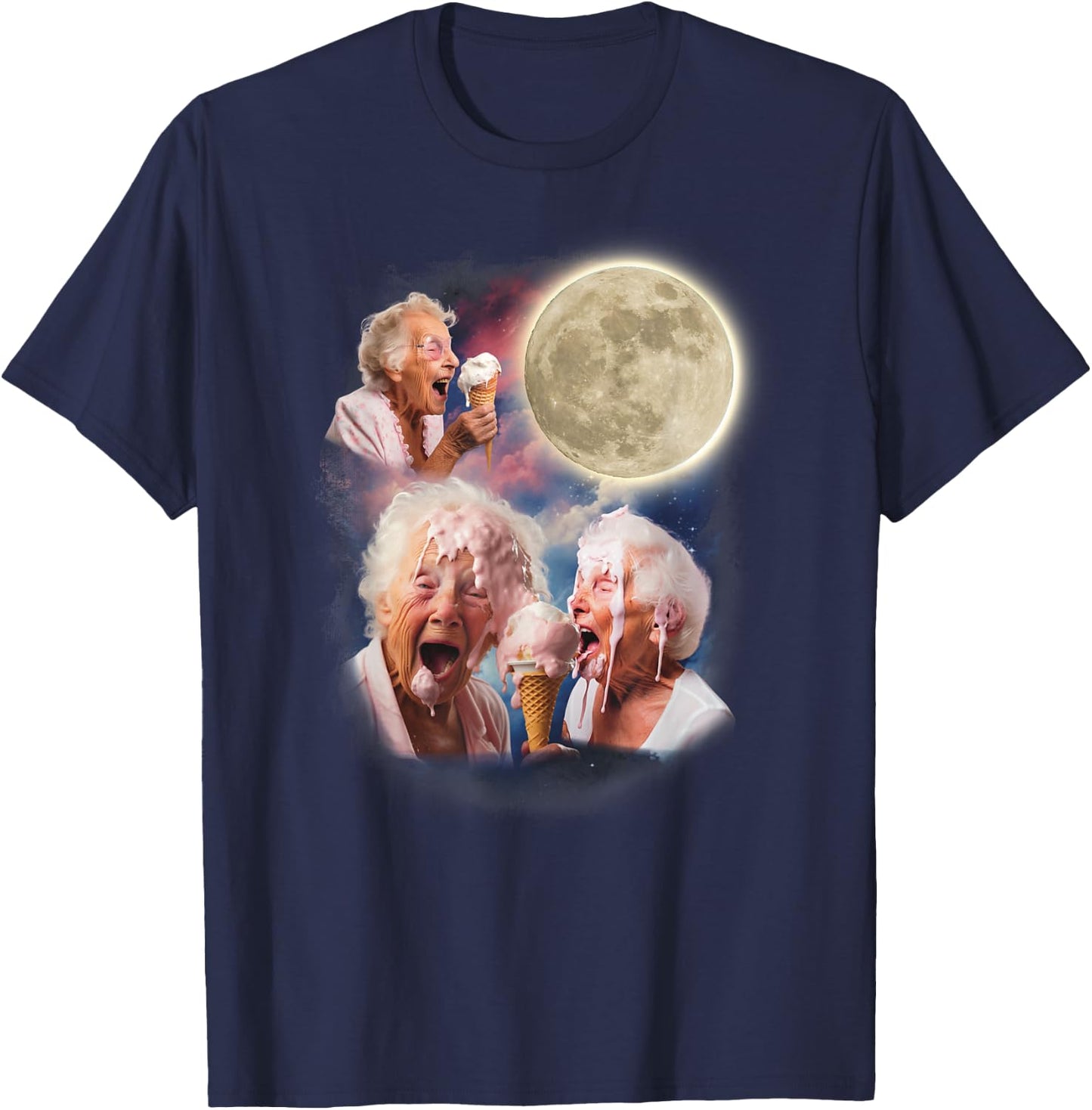Three Granny Moon Funny Old Ladies Moon Weird Cursed Meme T-Shirt - T-Shirt | Navy