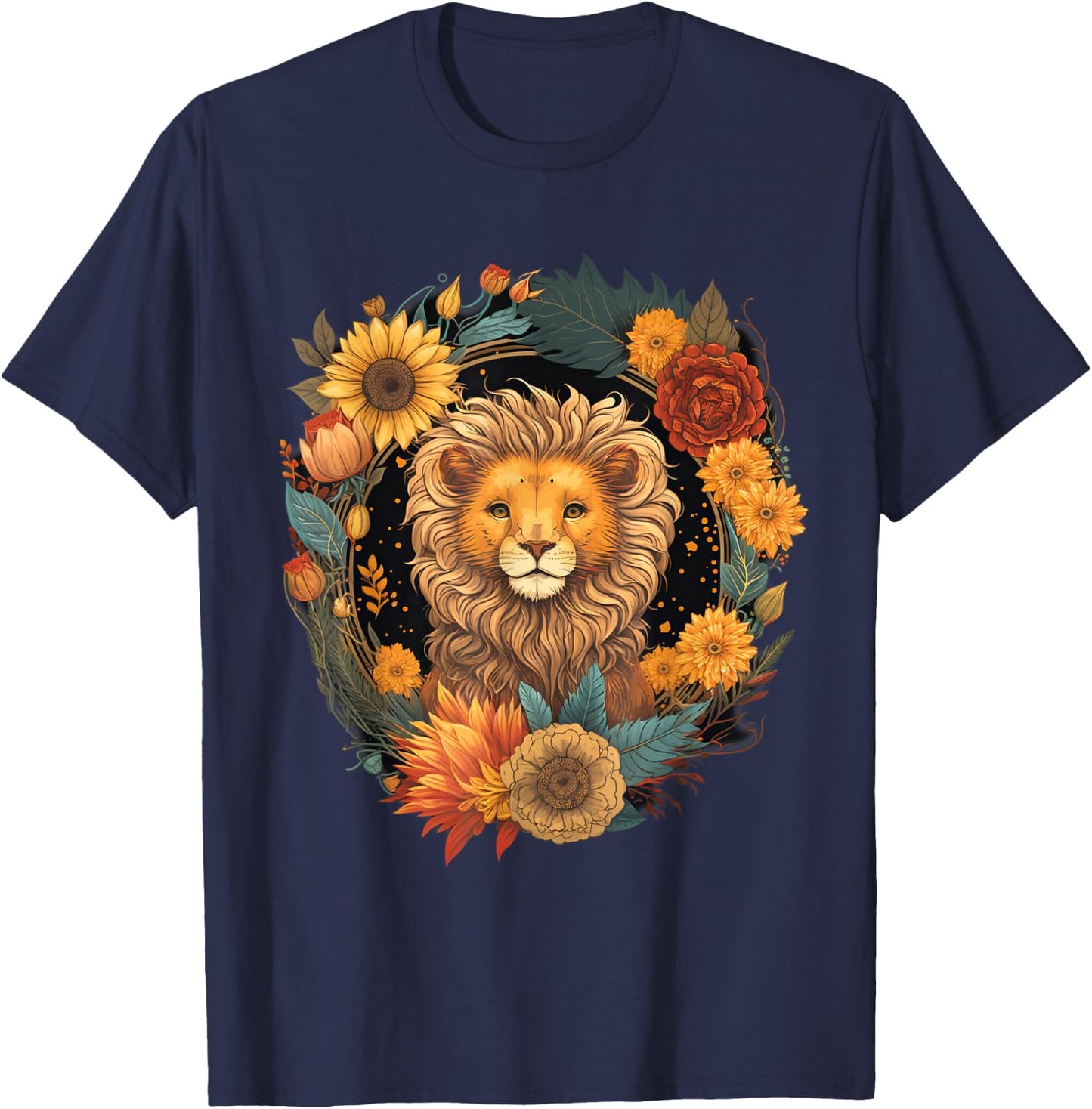 Sunflower Hippie Floral Lion T-Shirt - T-Shirt | Navy