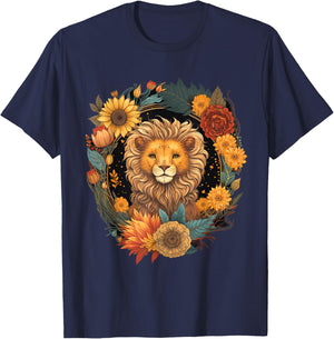 Sunflower Hippie Floral Lion T-Shirt - T-Shirt | Navy