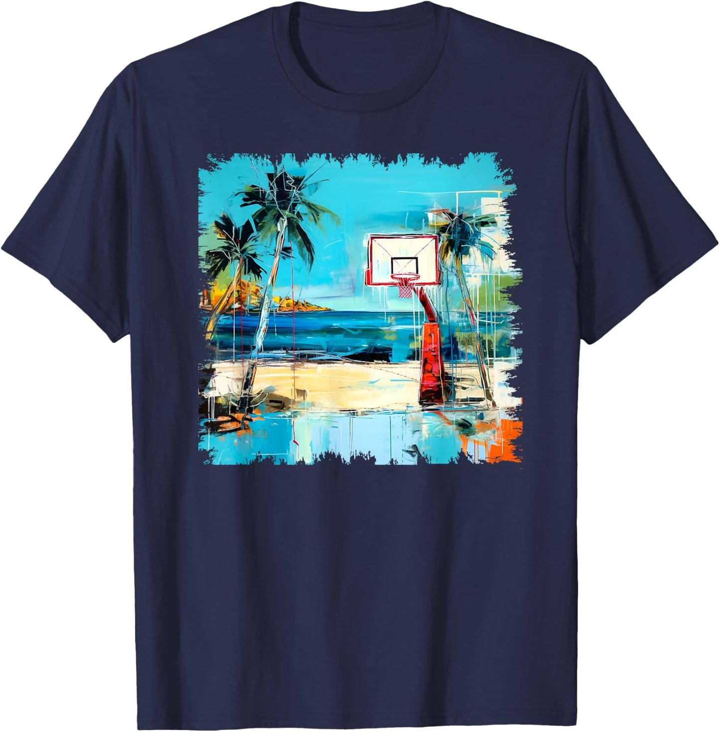 Basketball Hoop Tropical Sea Beach Stylish Street Art Design T-Shirt - T-Shirt | Navy