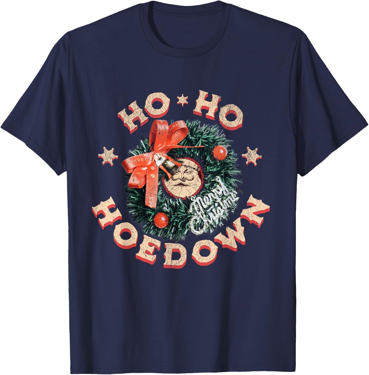 Ho Ho Hoedown Santa Jingle Bells Vintage Western Christmas T-Shirt - T-Shirt | Navy