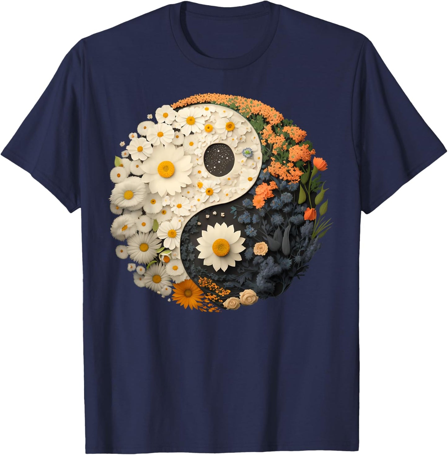 Floral Taoism Yin Yang Symbol on Flower Taijitu Yin Yang T-Shirt - T-Shirt | Navy