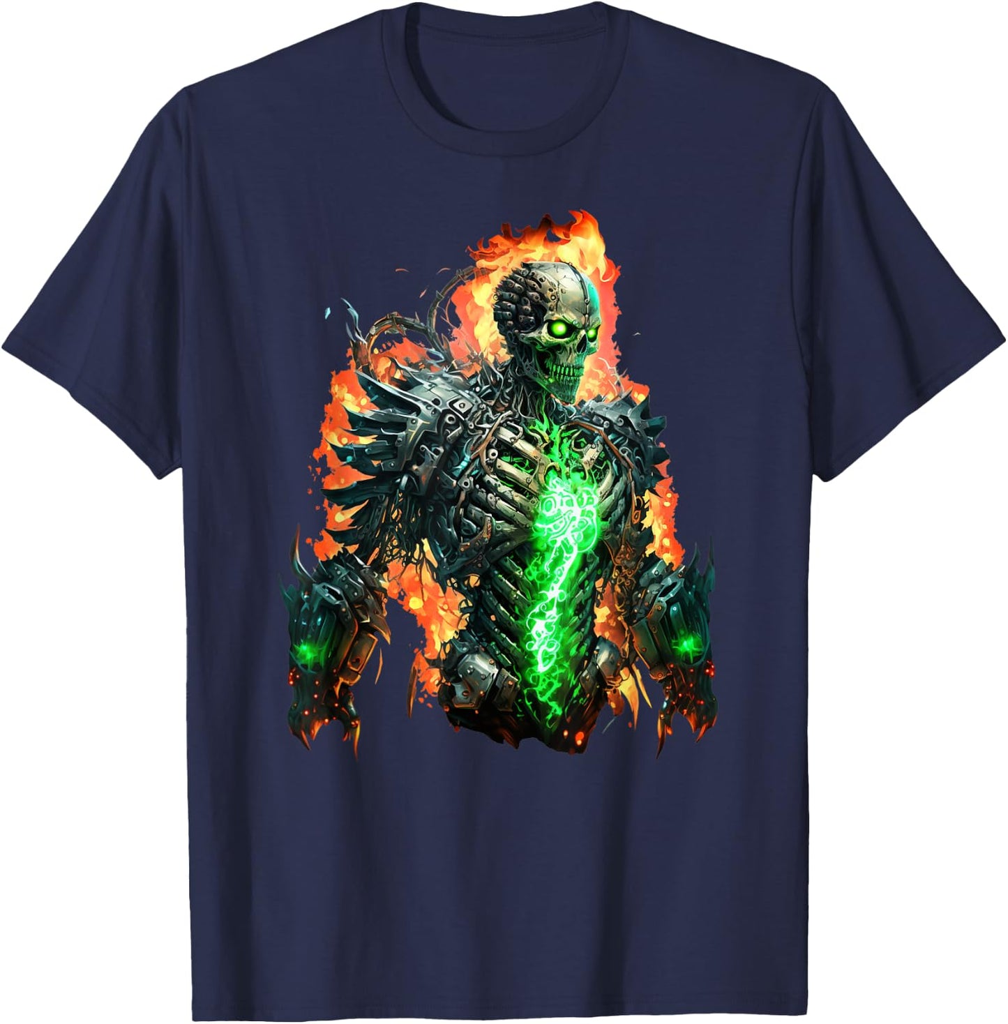 Flaming Skeleton Cyborg Graphic T-Shirt - T-Shirt | Navy