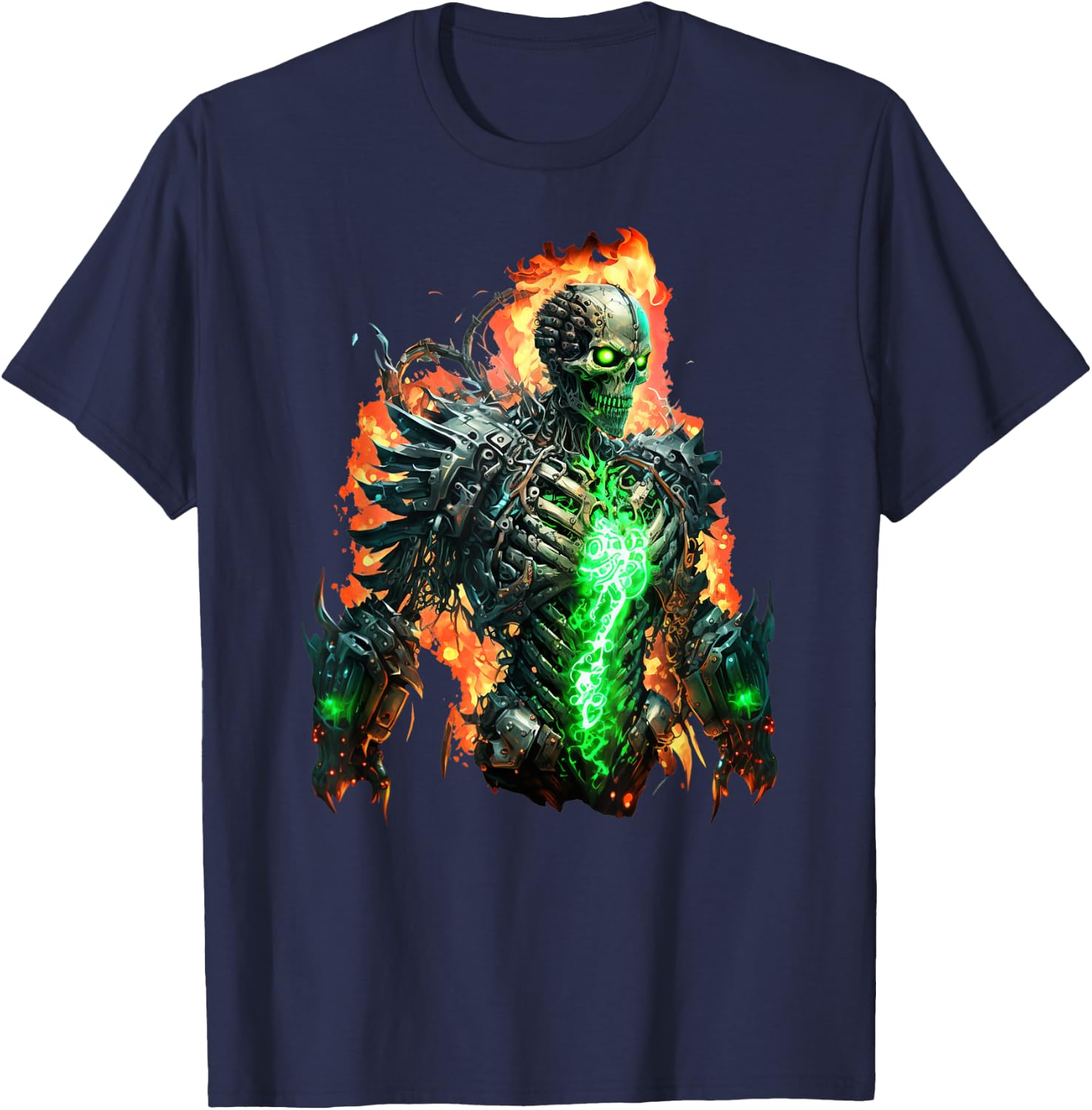Flaming Skeleton Cyborg Graphic T-Shirt - T-Shirt | Navy