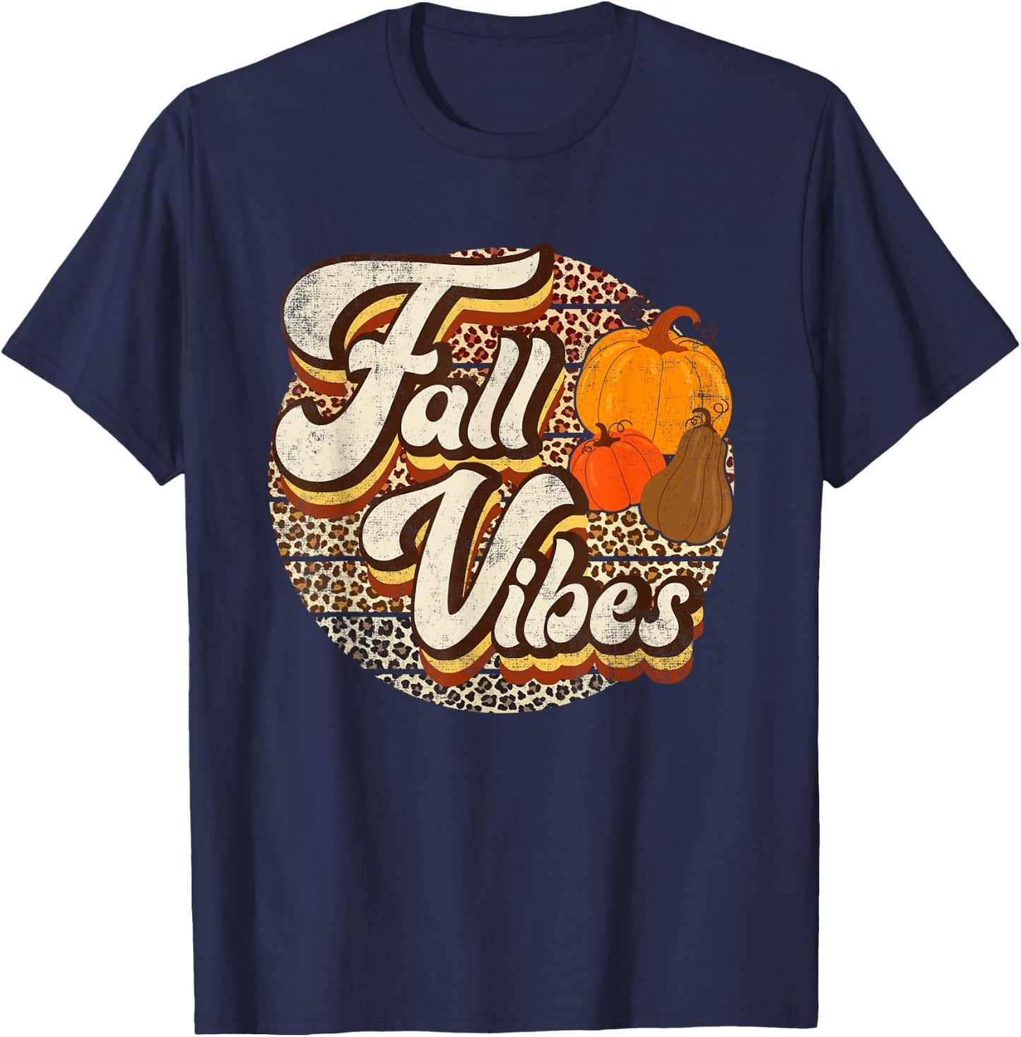 Retro Groovy Fall Vibes Leopard Thanksgiving Autumn T-Shirt - T-Shirt | Navy