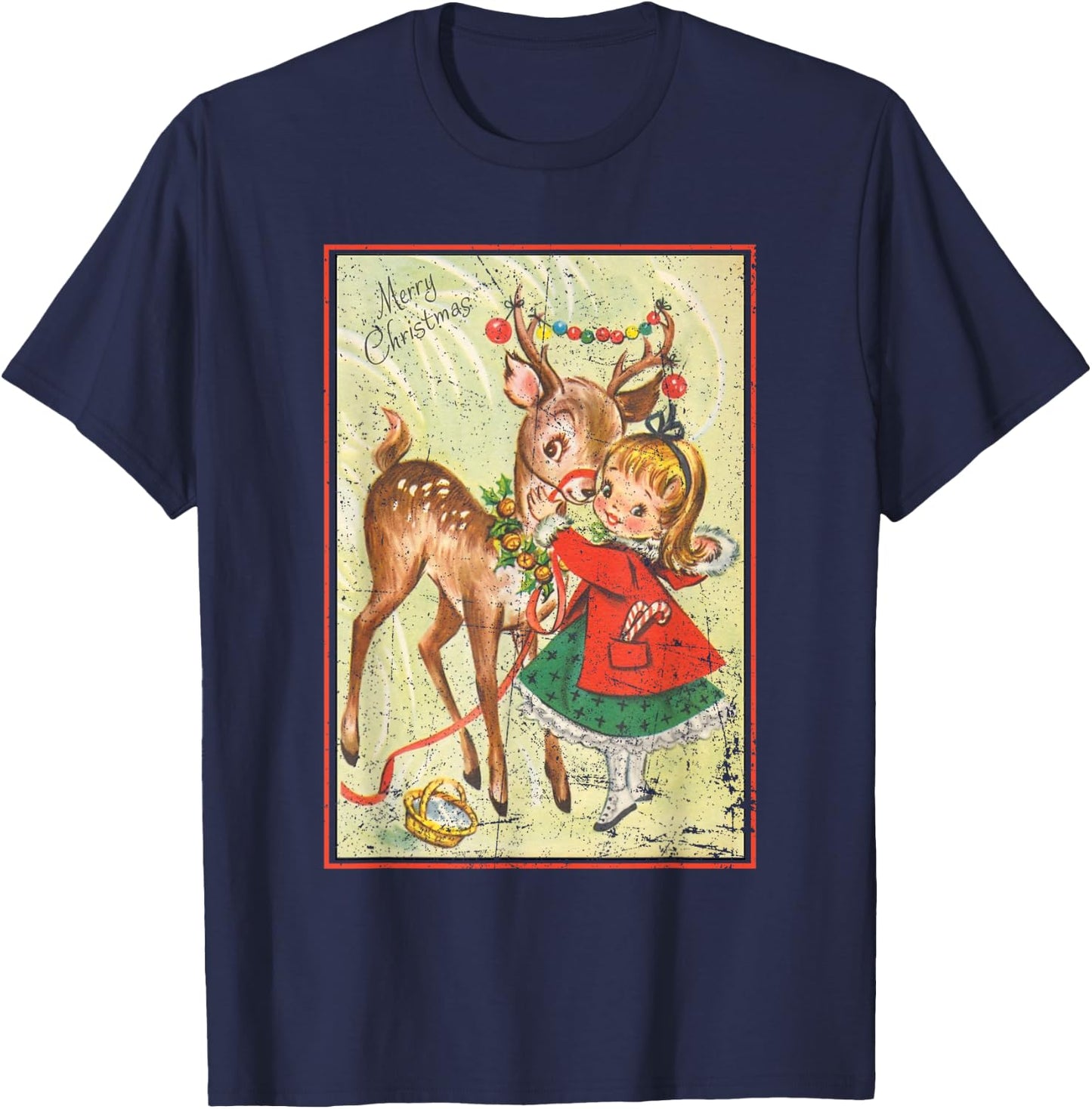 Vintage Pin Up Little Girl Reindeer Retro 1950s Christmas T-Shirt - T-Shirt | Navy
