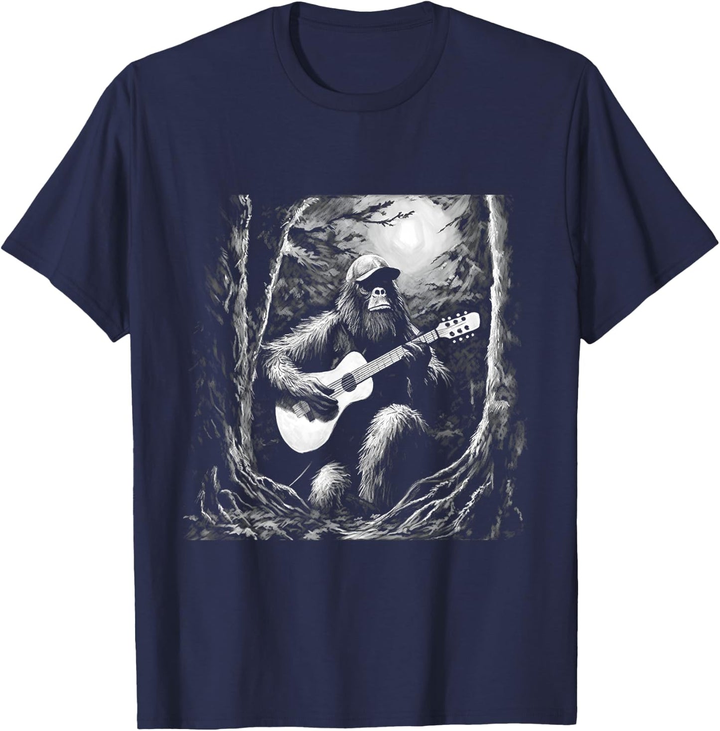 Bigfoot Playing Acoustic Guitar Funny Sasquatch Big Foot T-Shirt - T-Shirt | Navy