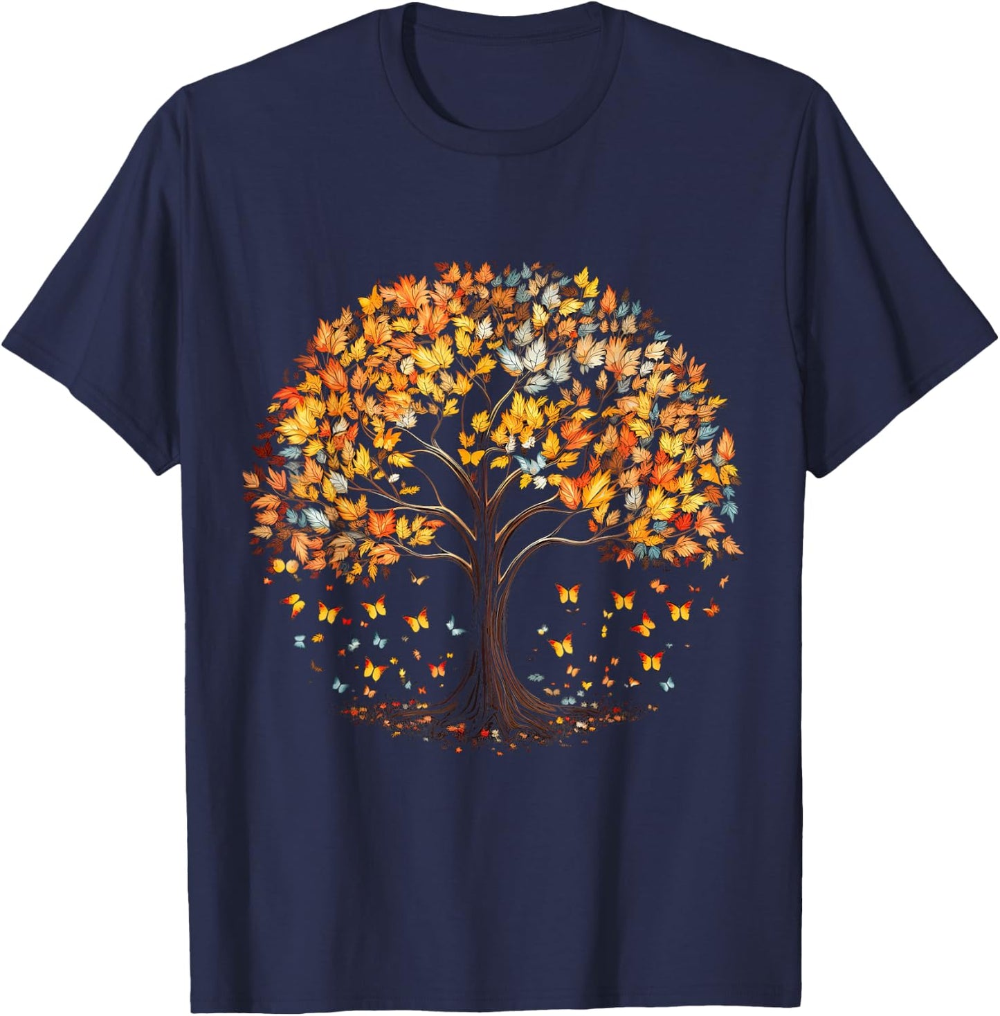 Fall Autumn falling leaves with Tree and Butterfly T-Shirt - T-Shirt | Navy