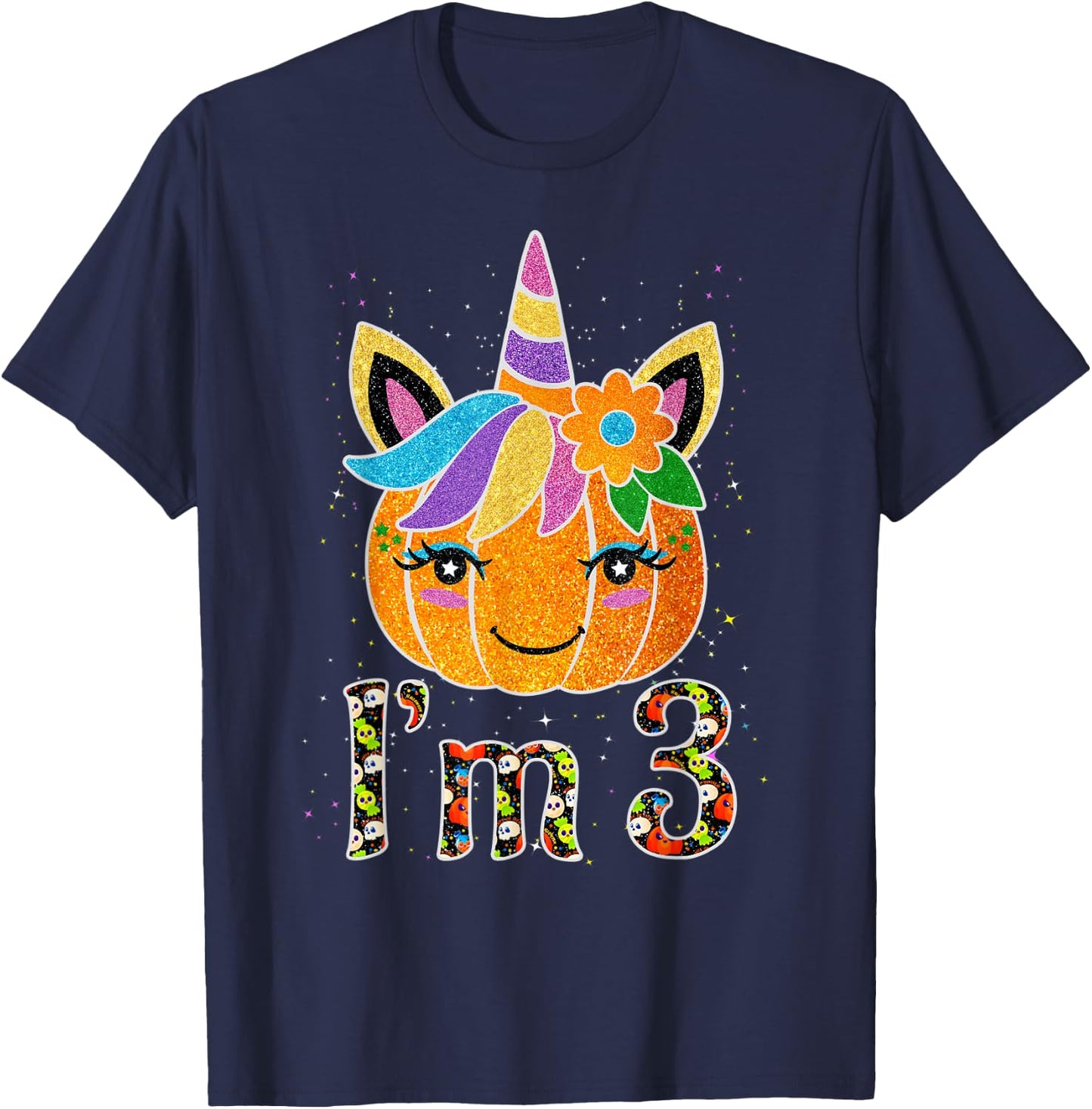 3 Years Old Unicorn Pumpkin Cute Design Birthday Halloween T-Shirt - T-Shirt | Navy