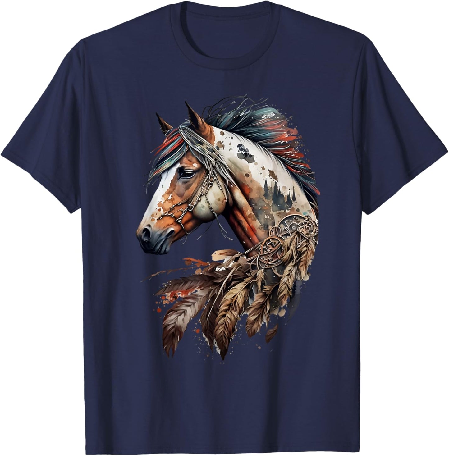 Bohemian Horse Portrait Horseback Native Equestrian Themed T-Shirt - T-Shirt | Navy
