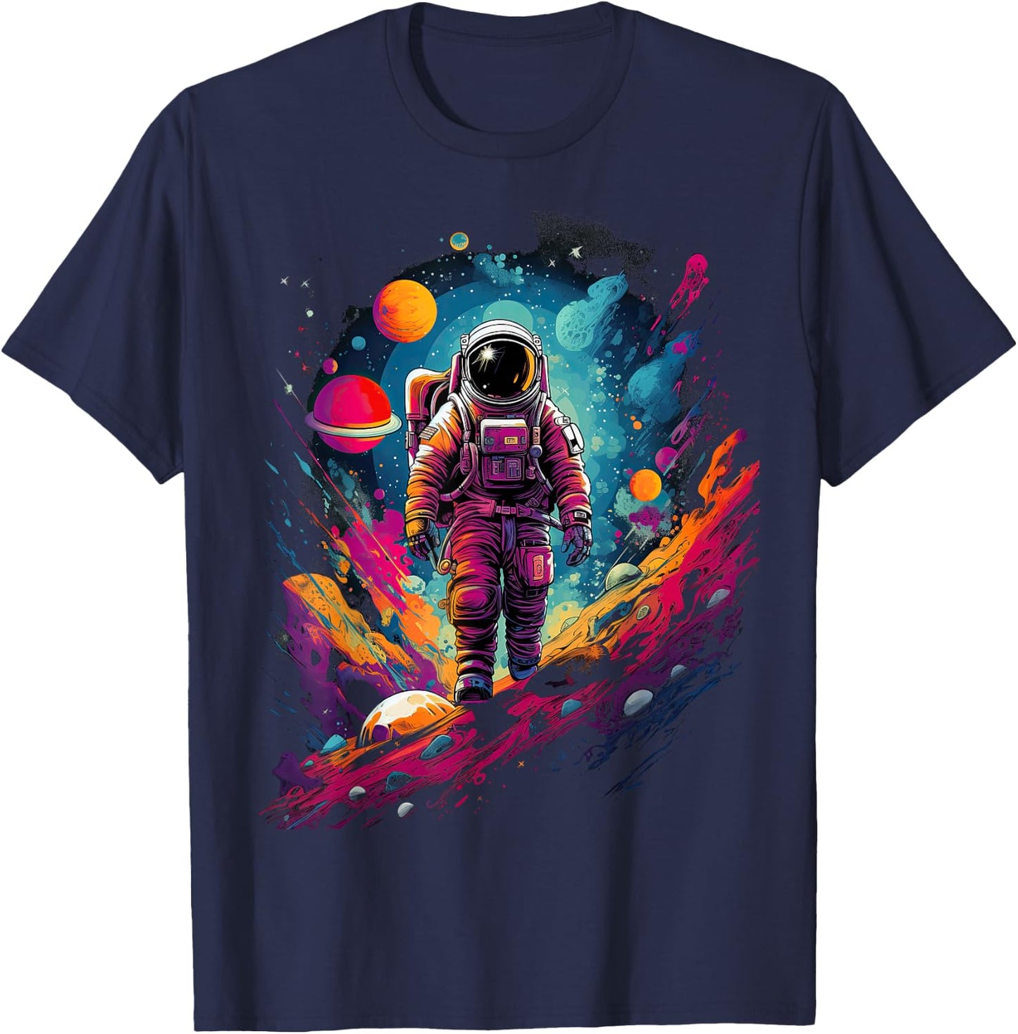 Astronaut in Space with Planets in Galaxies T-Shirt - T-Shirt | Navy