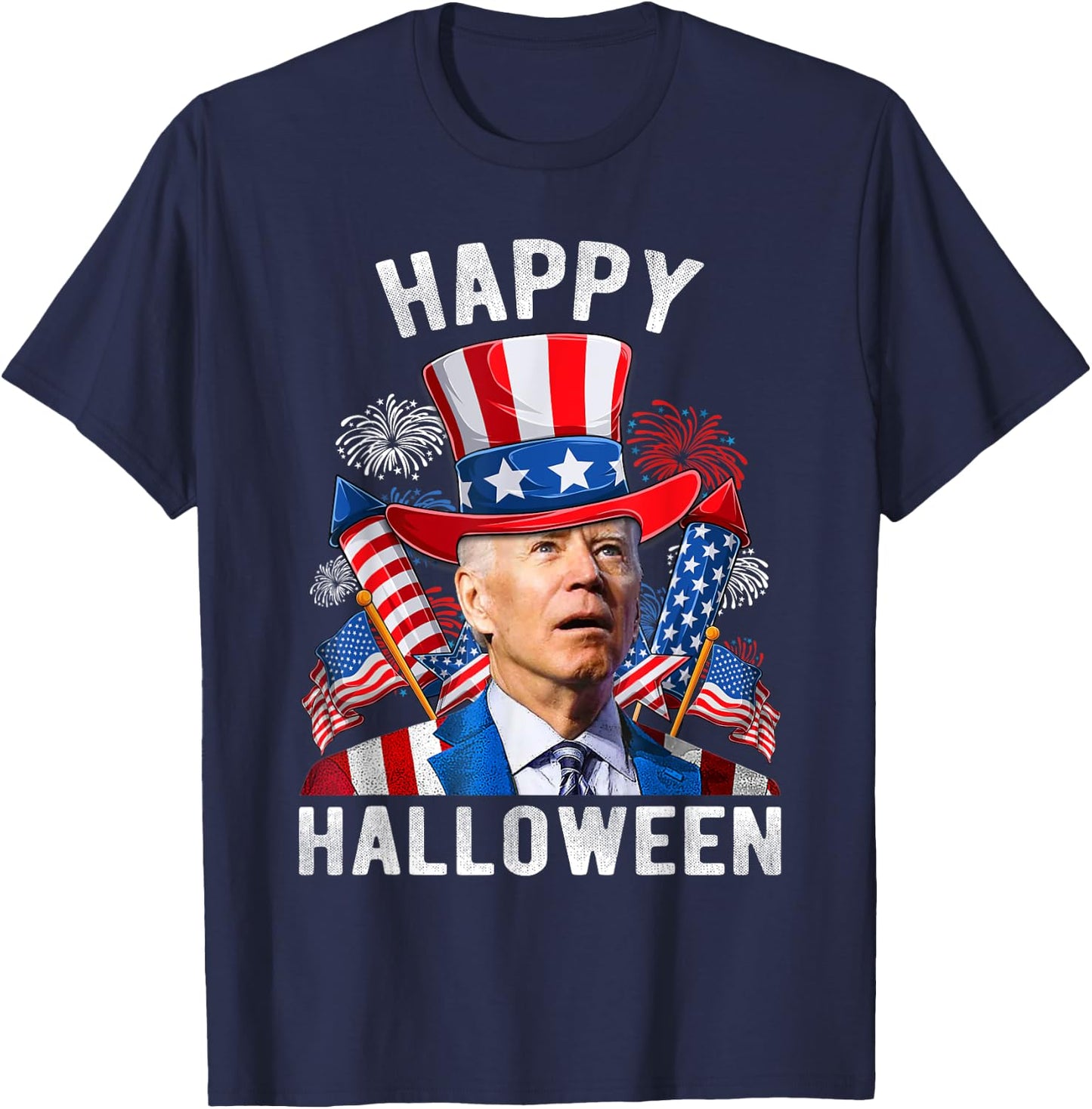 Happy Halloween Funny Joe Biden 4th Of July Firework US Flag Women Kids Men T-Shirt - T-Shirt | Navy