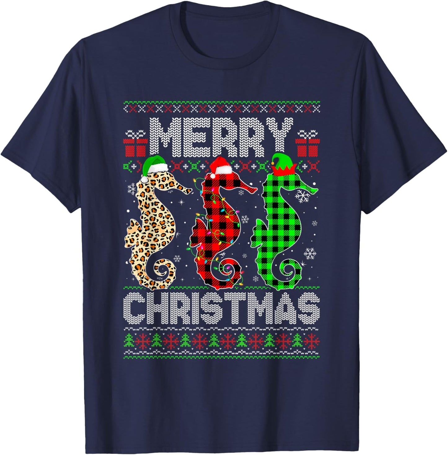 Merry Christmas Seahorse Xmas Leopard Plaid Santa Elf T-Shirt - T-Shirt | Navy