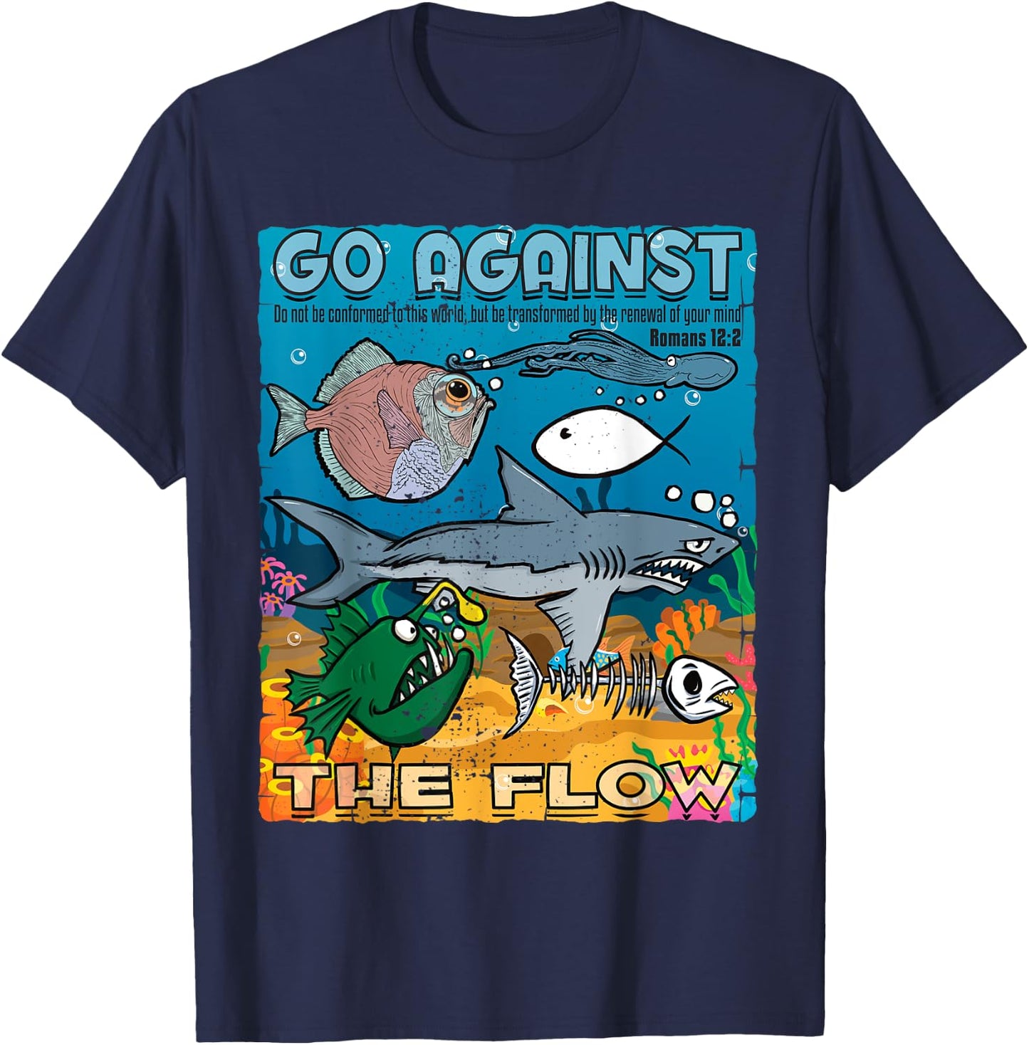 Go Against The Flow Christian Gospel Fish & Woman T-Shirt - T-Shirt | Navy
