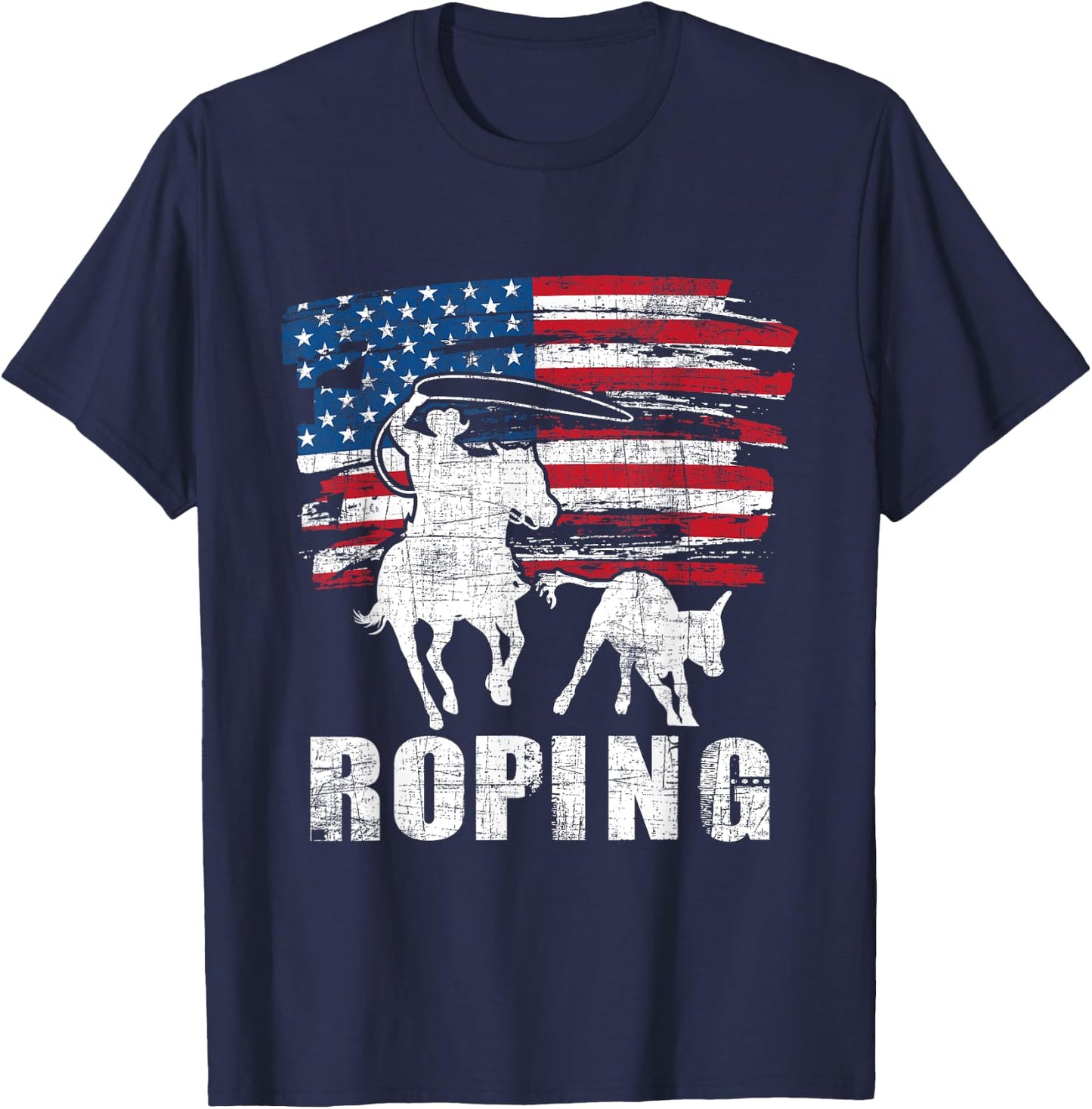 Team Roping - Roper USA American Flag Header Heeler Horse T-Shirt - T-Shirt | Navy