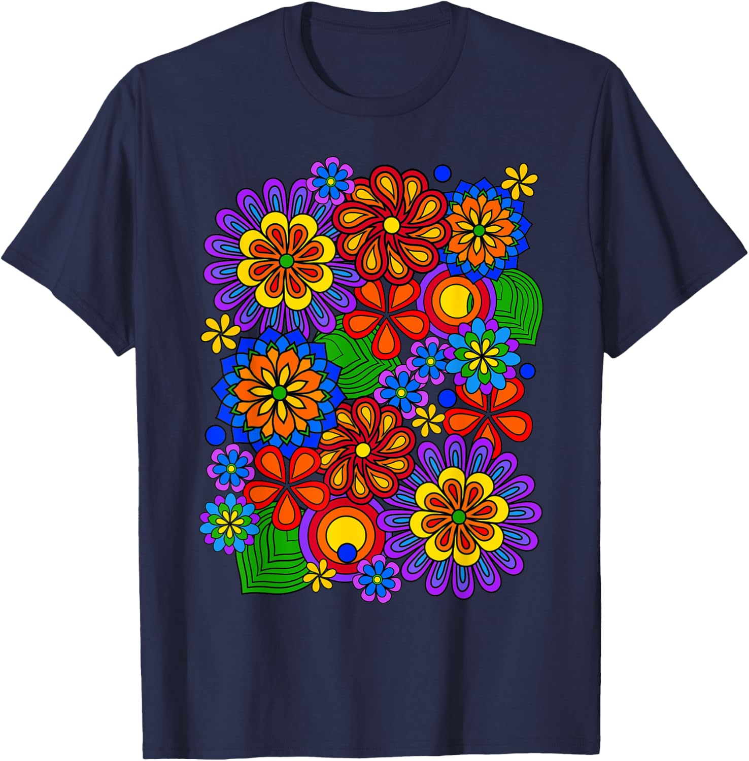 Colorful Rainbow Retro Flower Power Art T-Shirt - T-Shirt | Navy