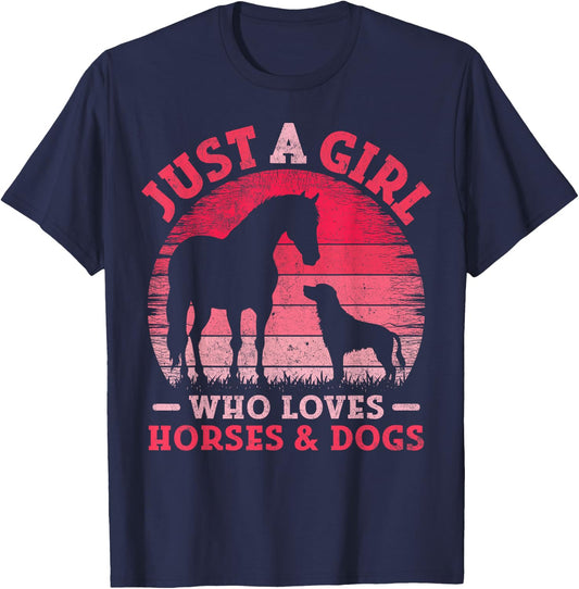 Funny Just A Girl Who Loves Horses and Dogs Women Girls T-Shirt - T-Shirt | Navy
