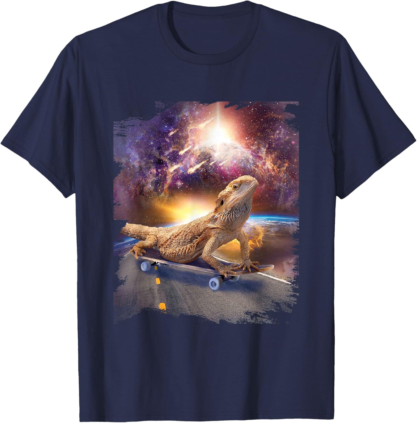 Lizard Bearded Dragon On Skateboard In Space T-Shirt - T-Shirt | Navy