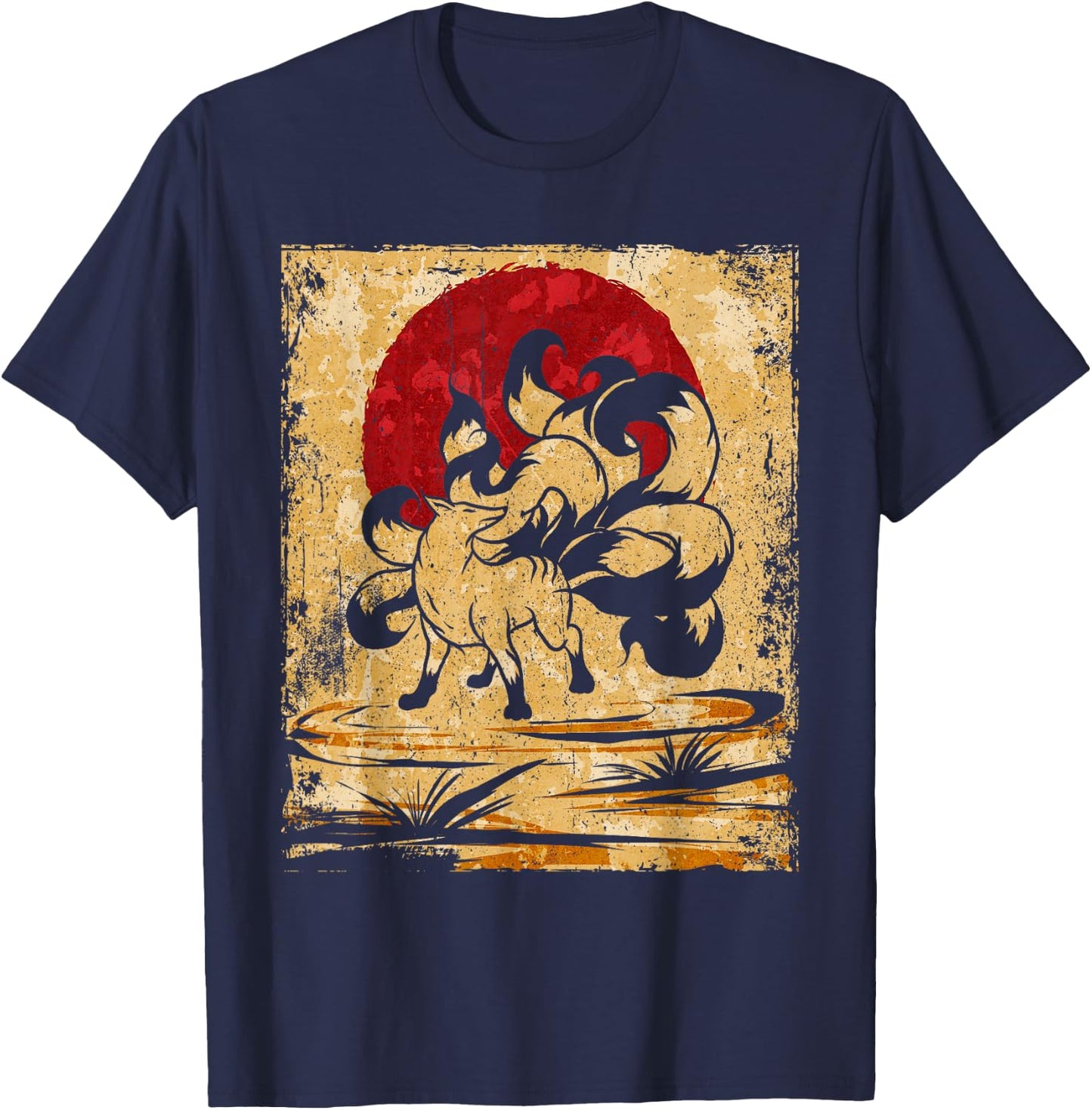 Nine Tailed Fox Japanese Art Retro T-Shirt - T-Shirt | Navy