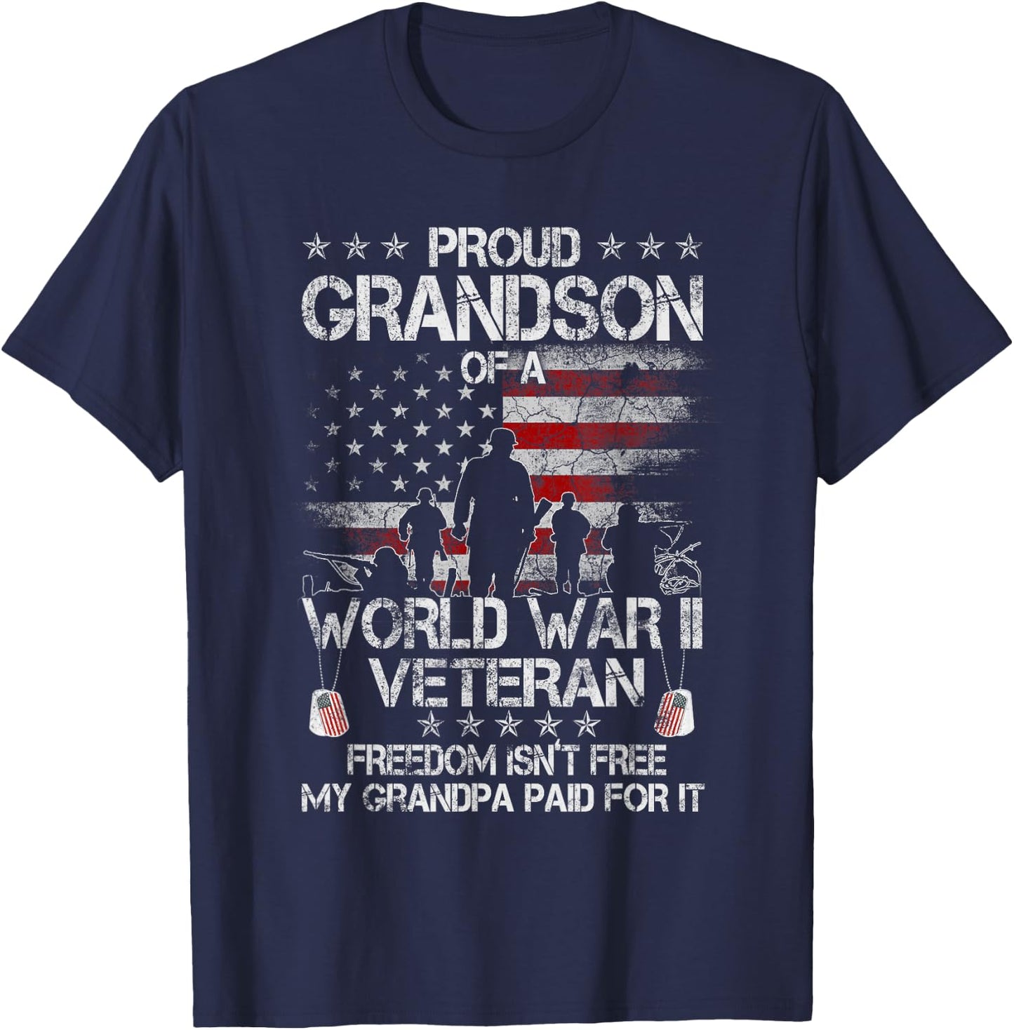 Proud Grandson Of WWII Veteran US Flag Vintage Veteran Day T-Shirt - T-Shirt | Navy