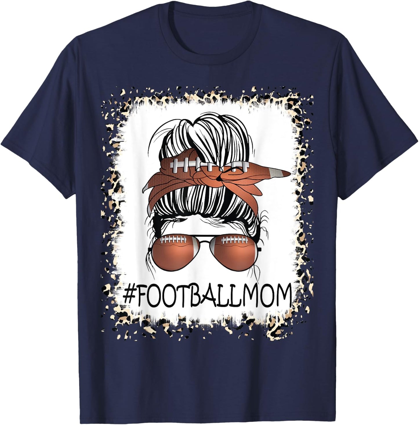 Bleached Proud Football Mom Life Leopard Messy Bun Player T-Shirt - T-Shirt | Navy
