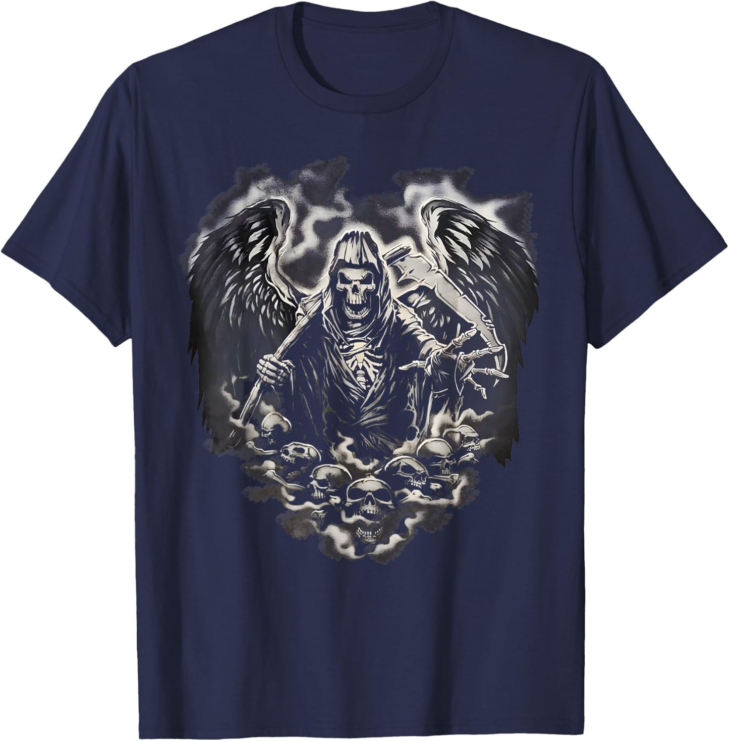 Grim Reaper Skull Heart Scythe Skeleton Angel Death Horror T-Shirt - T-Shirt | Navy