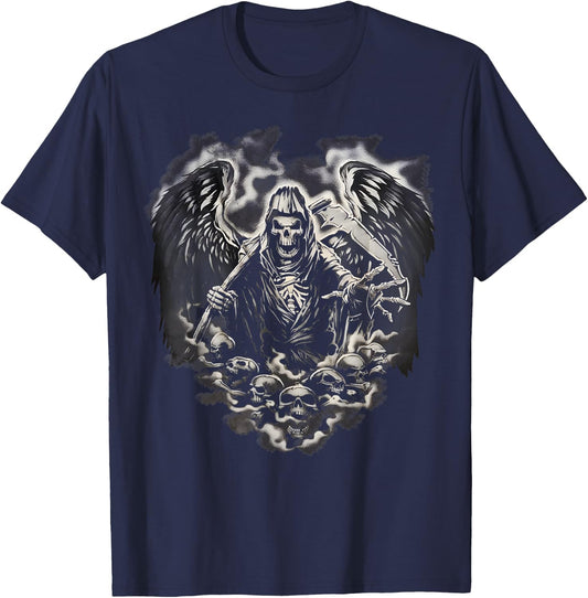 Grim Reaper Skull Heart Scythe Skeleton Angel Death Horror T-Shirt - T-Shirt | Navy
